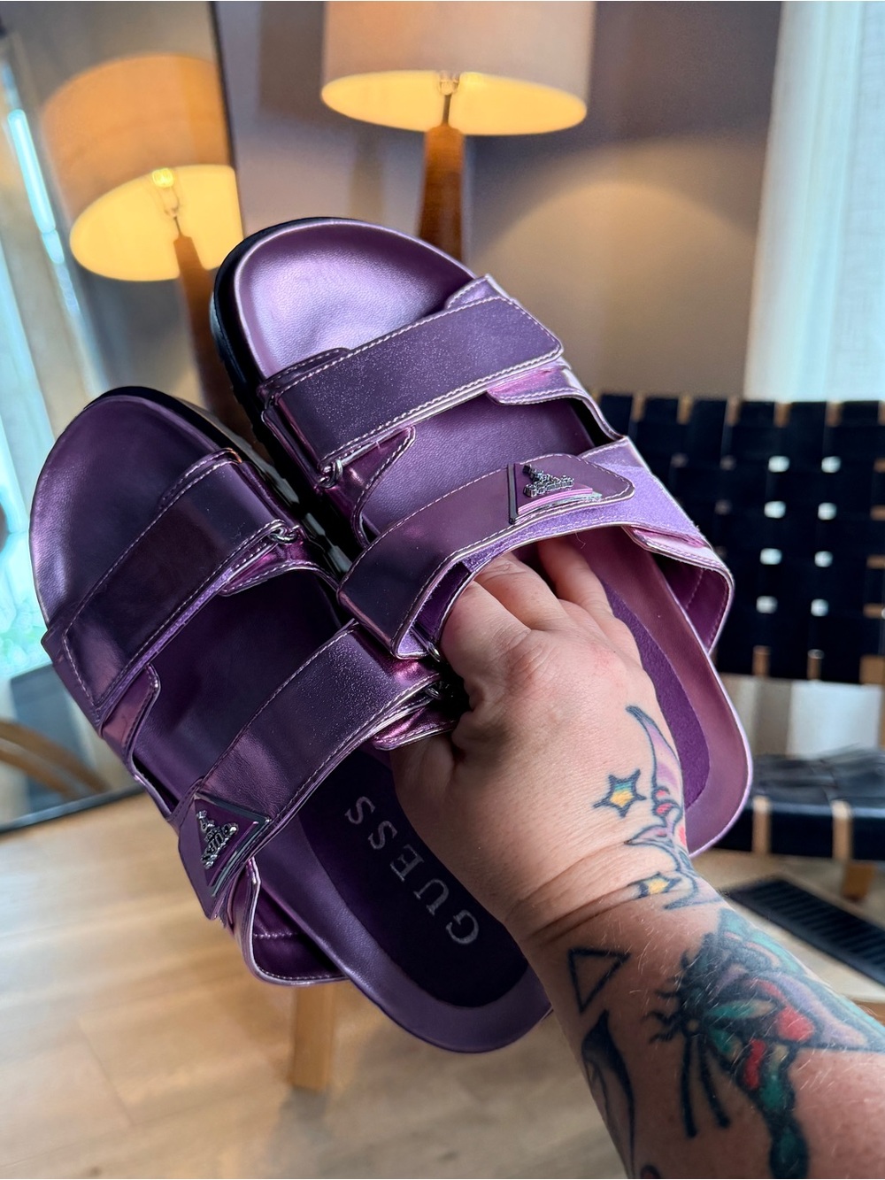 Guess Metallic Purple Double-Strap Slide Sandals